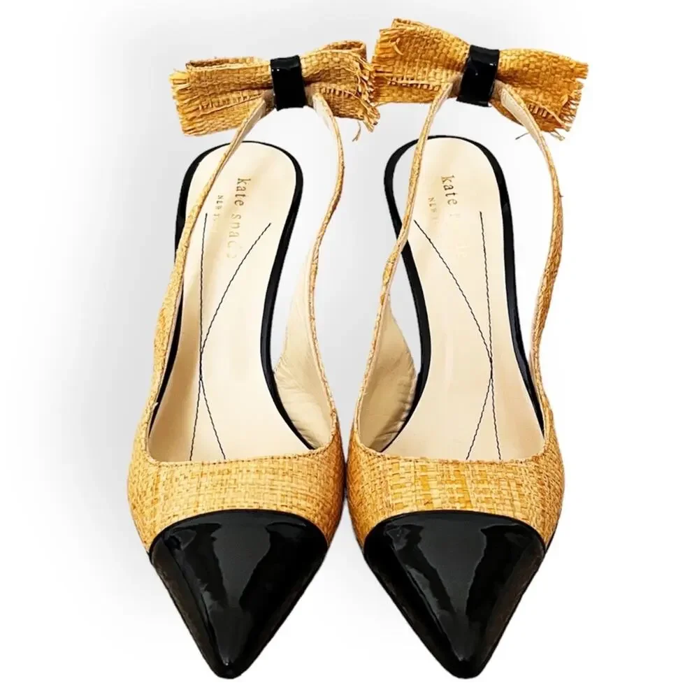 Kate Spade Raffia Leather Slingback Heels Black Pointed Toe Bow Pumps Size 7.5